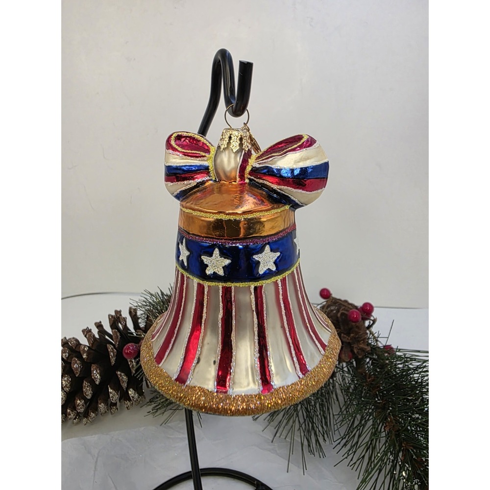 Christopher Radko Patriotic Bell Ornament Stars Stripes Red White Blue 3.5"